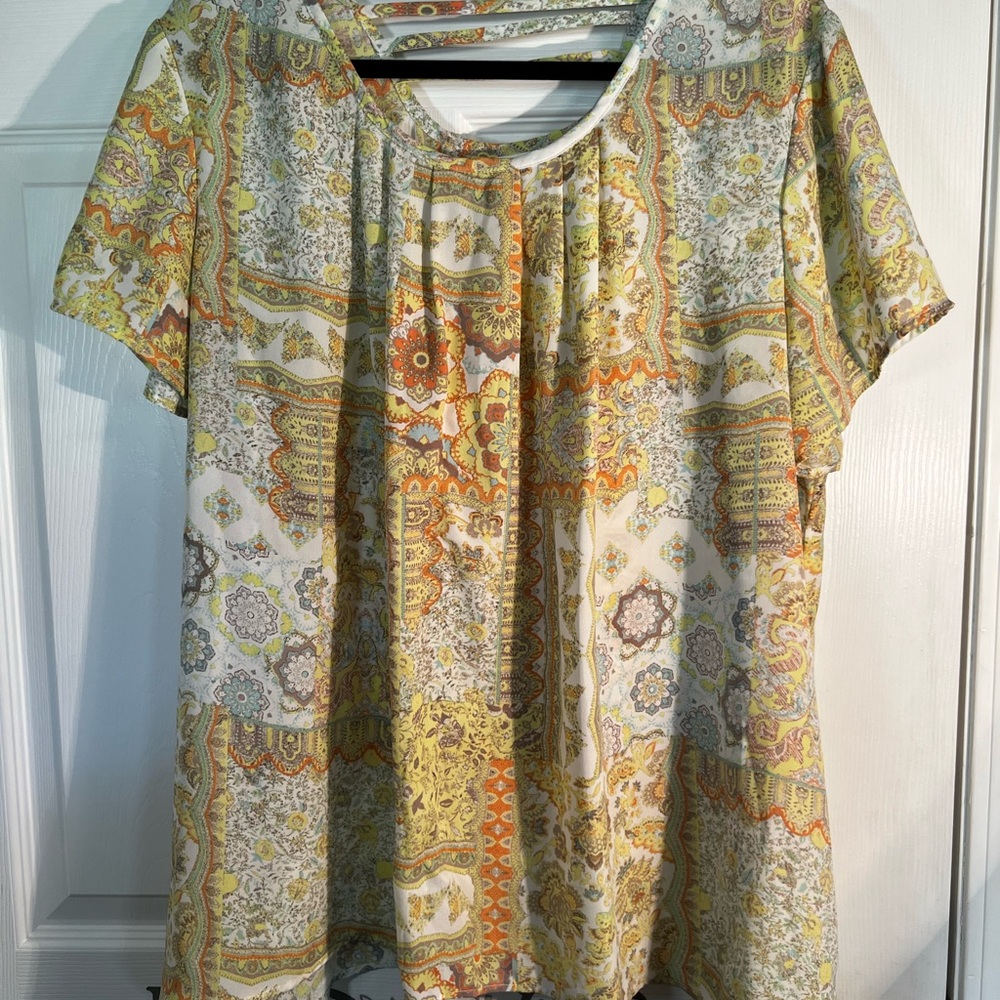 Cato Short-Sleeve Paisley Print Blouse in Yellow, White and Orange